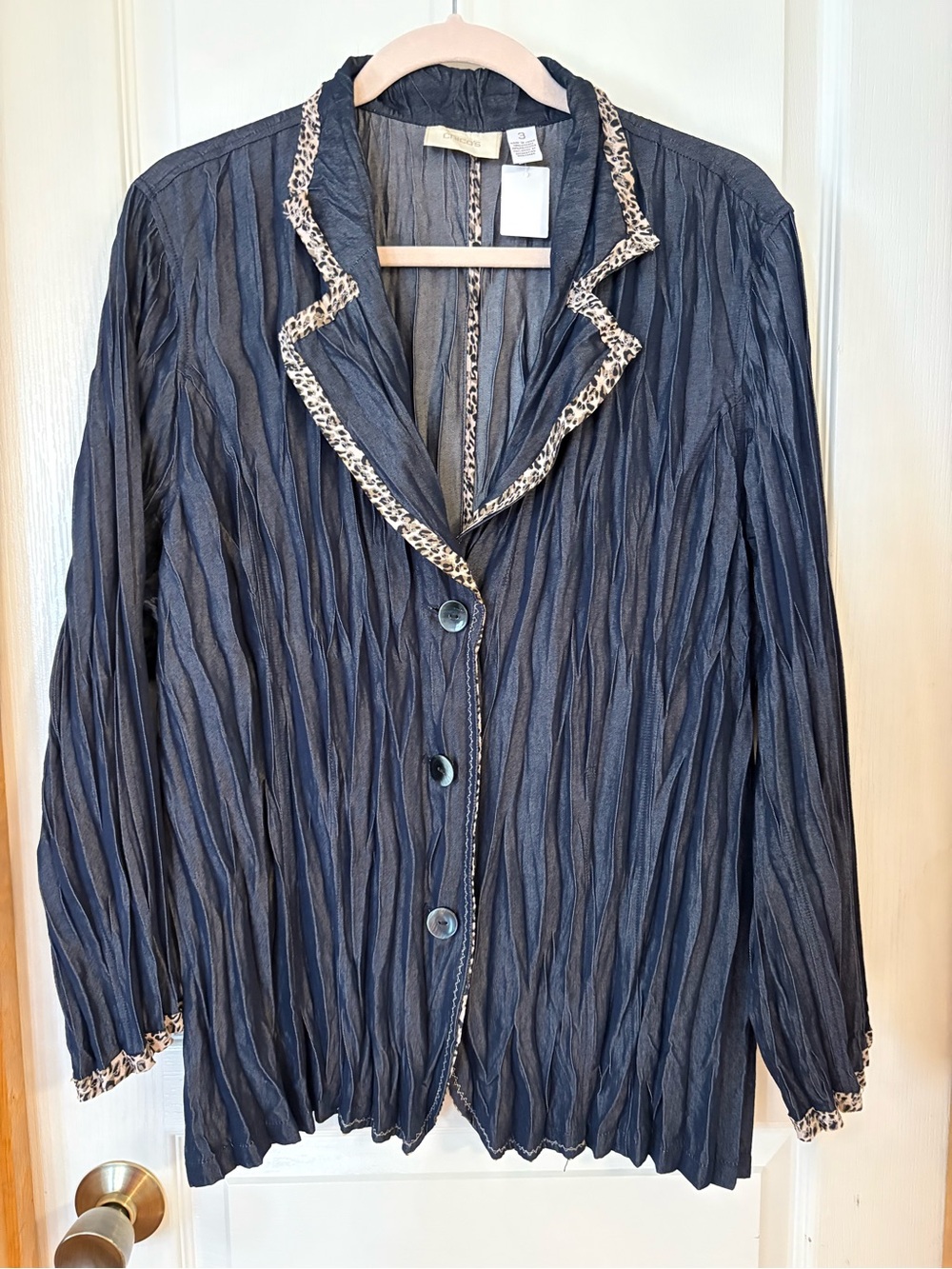 Chico's Navy Pleated Jacket with Leopard-Trim